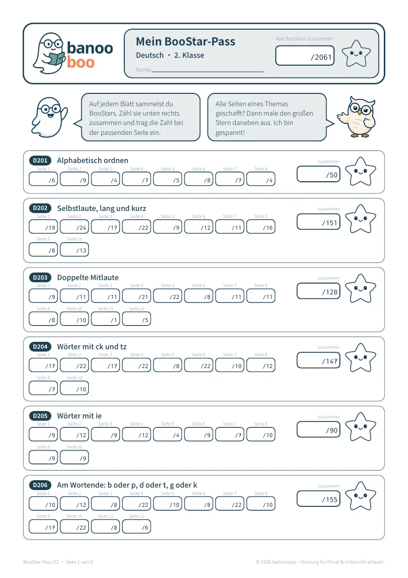 Vorschau: BooStar-Pass für Deutsch in der 2. Klasse