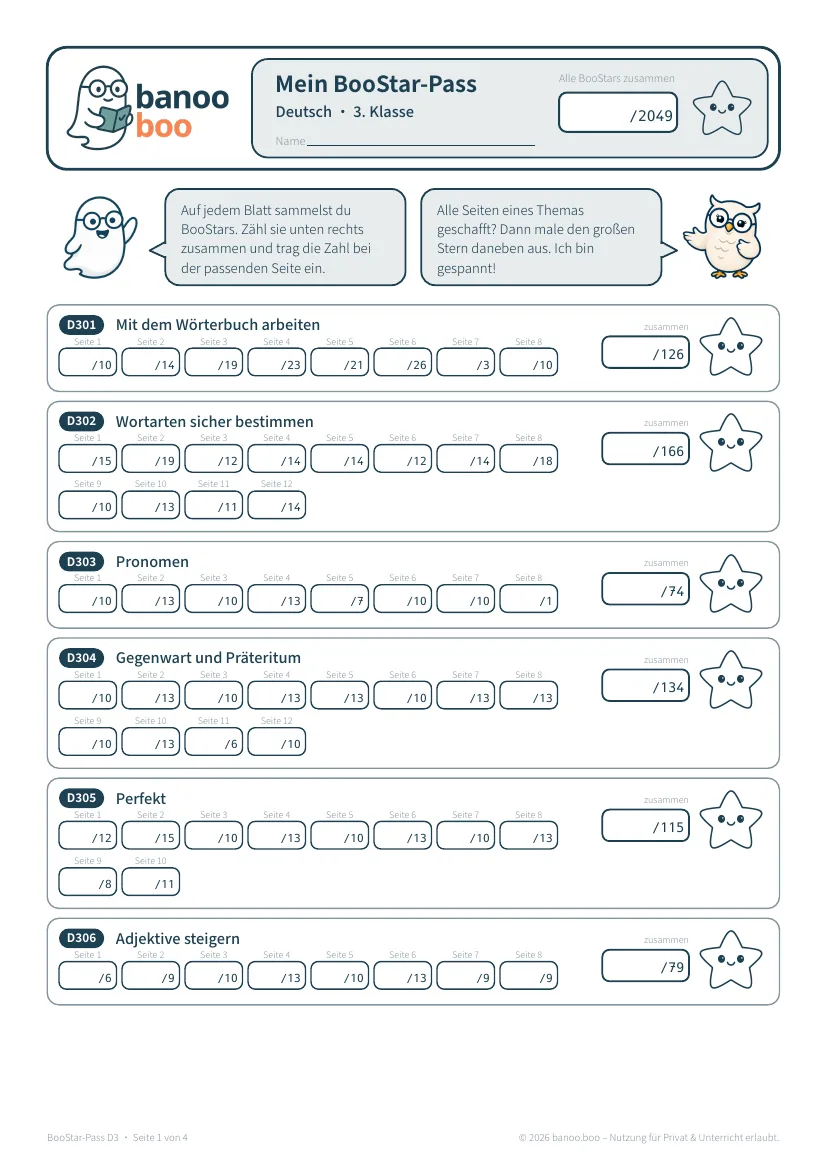 Vorschau: BooStar-Pass für Deutsch in der 3. Klasse