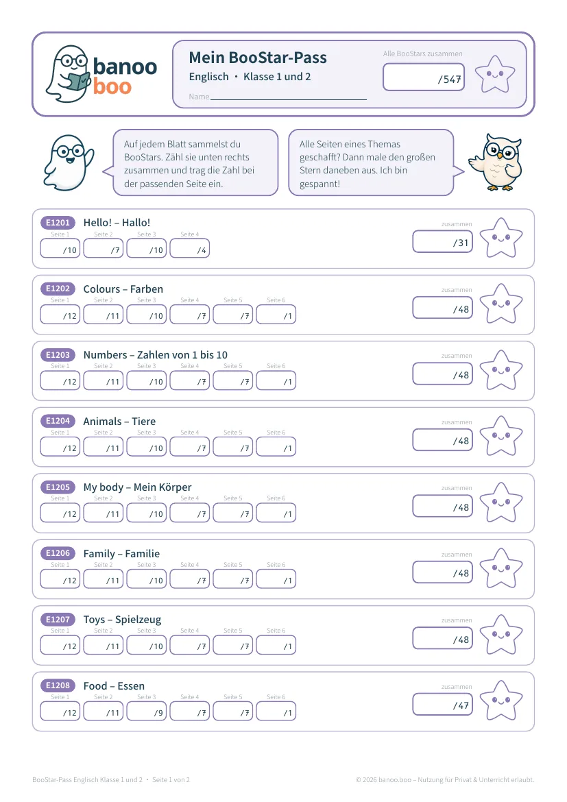 Vorschau: BooStar-Pass für Englisch in der 1. und 2. Klasse
