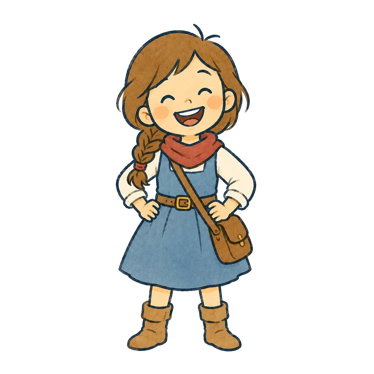 Lina, ein Mädchen mit Zopf, Jeanskleid und Umhängetasche, lachend