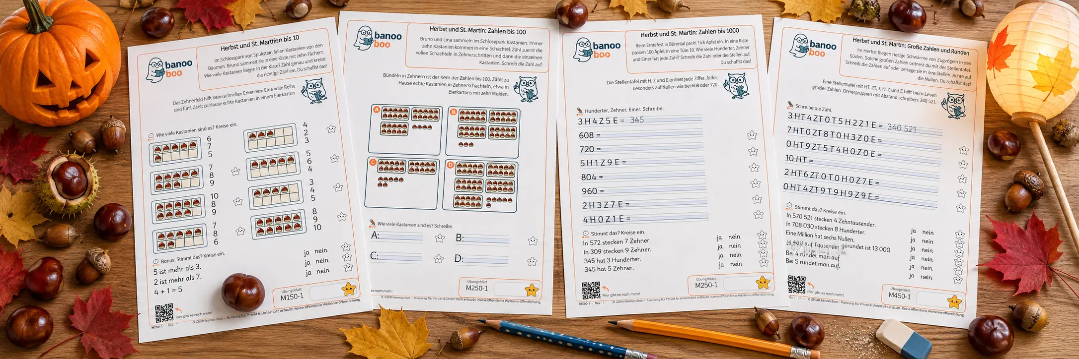 Herbst-Arbeitsblätter für die Grundschule: St. Martin, Kastanien und Kürbisse