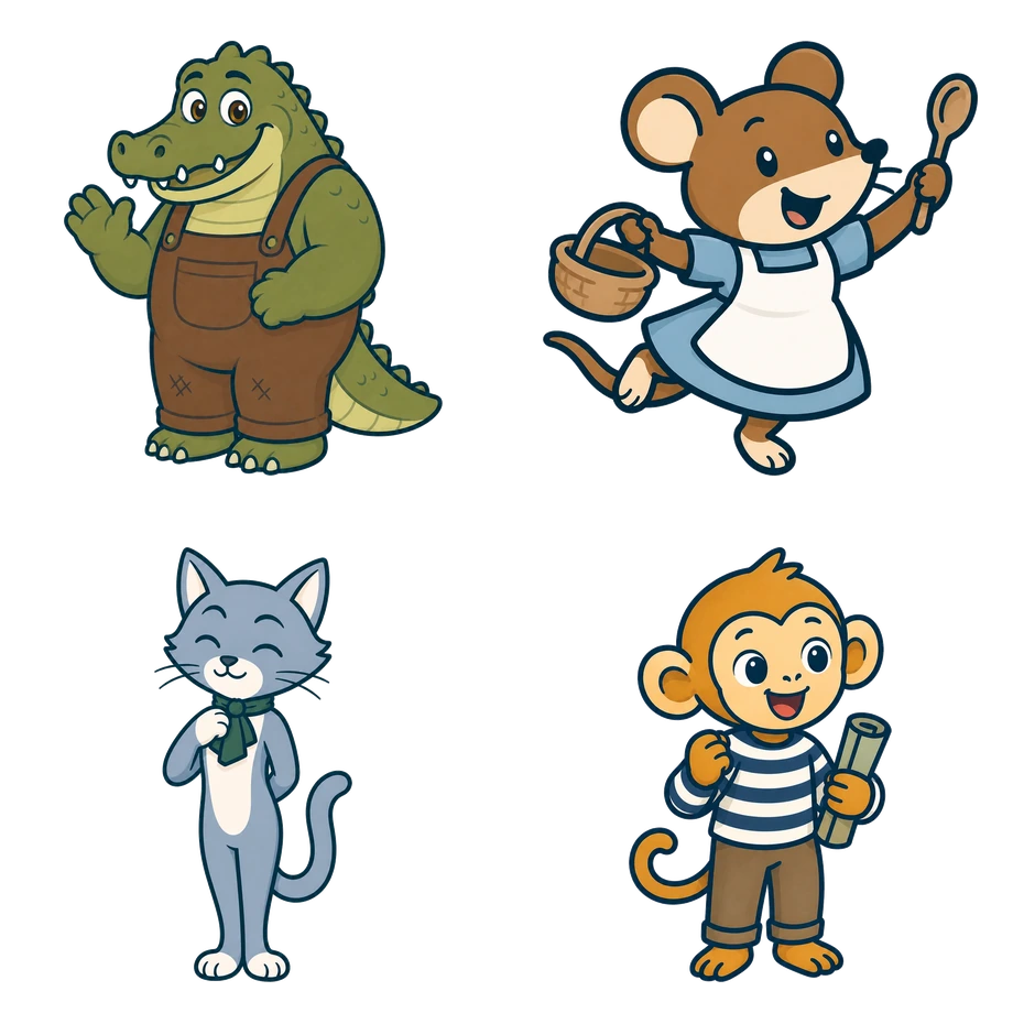 Die weiteren Bewohner von Schloss Spukstein: Bruno das Krokodil, Tick die Maus, Ganosch die Katze und Mato der Affe