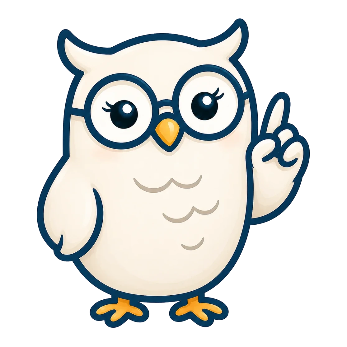 Isi, die cremeweiße Eule mit runder Brille, hebt erklärend den Flügel