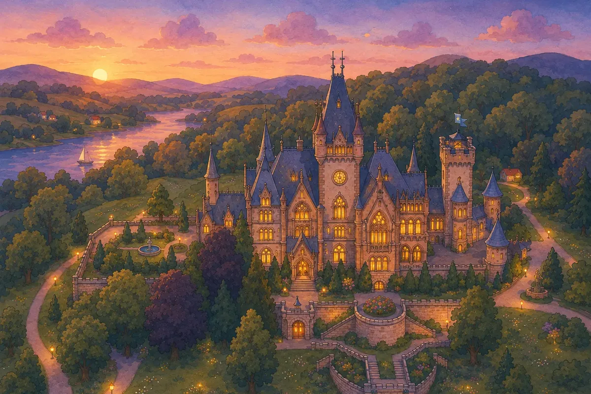 Schloss Spukstein in der Abenddämmerung: warm erleuchtete Fenster, Laternen an den Wegen, dahinter das Flusstal mit Bärental und die untergehende Sonne