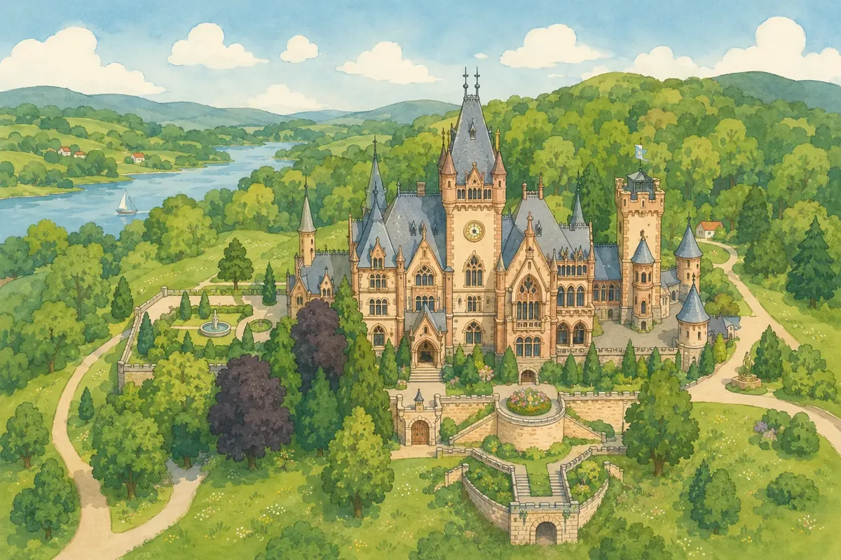 Schloss Spukstein von oben: ein verwinkeltes altes Schloss mit Türmen und Schieferdächern auf einem bewaldeten Hügel, dahinter ein Flusstal mit dem Dorf Bärental