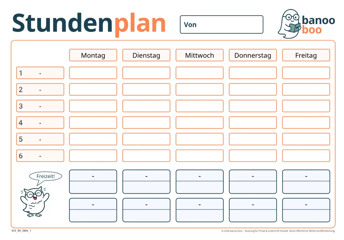 Vorschau: Stundenplan zum Ausdrucken mit Montag bis Freitag, sechs Stunden und zwei Freizeitzeilen, daneben Eule Isi mit „Freizeit!“