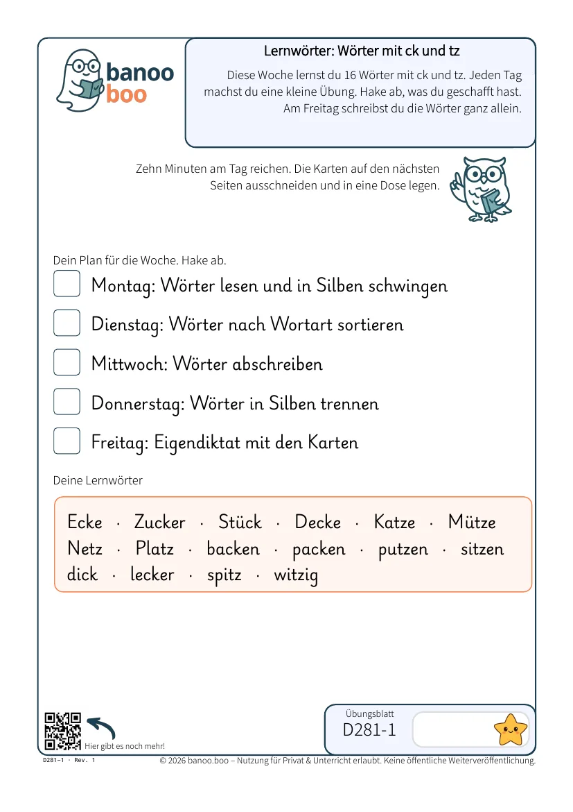 Lernwörter: Wörter mit ck und tz