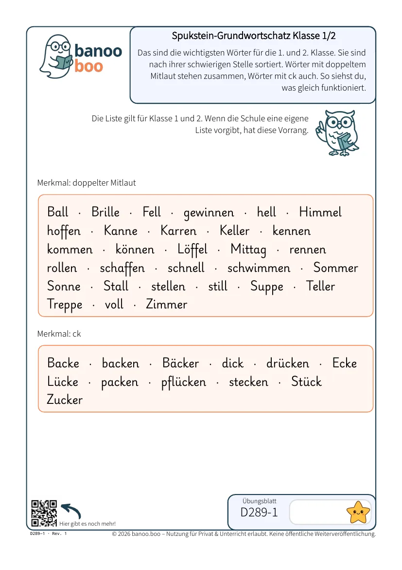 Spukstein-Grundwortschatz Klasse 1/2