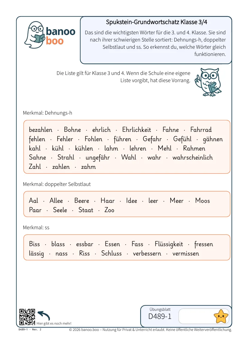 Spukstein-Grundwortschatz Klasse 3/4