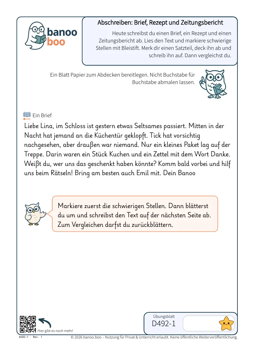 Abschreiben: Brief, Rezept und Zeitungsbericht